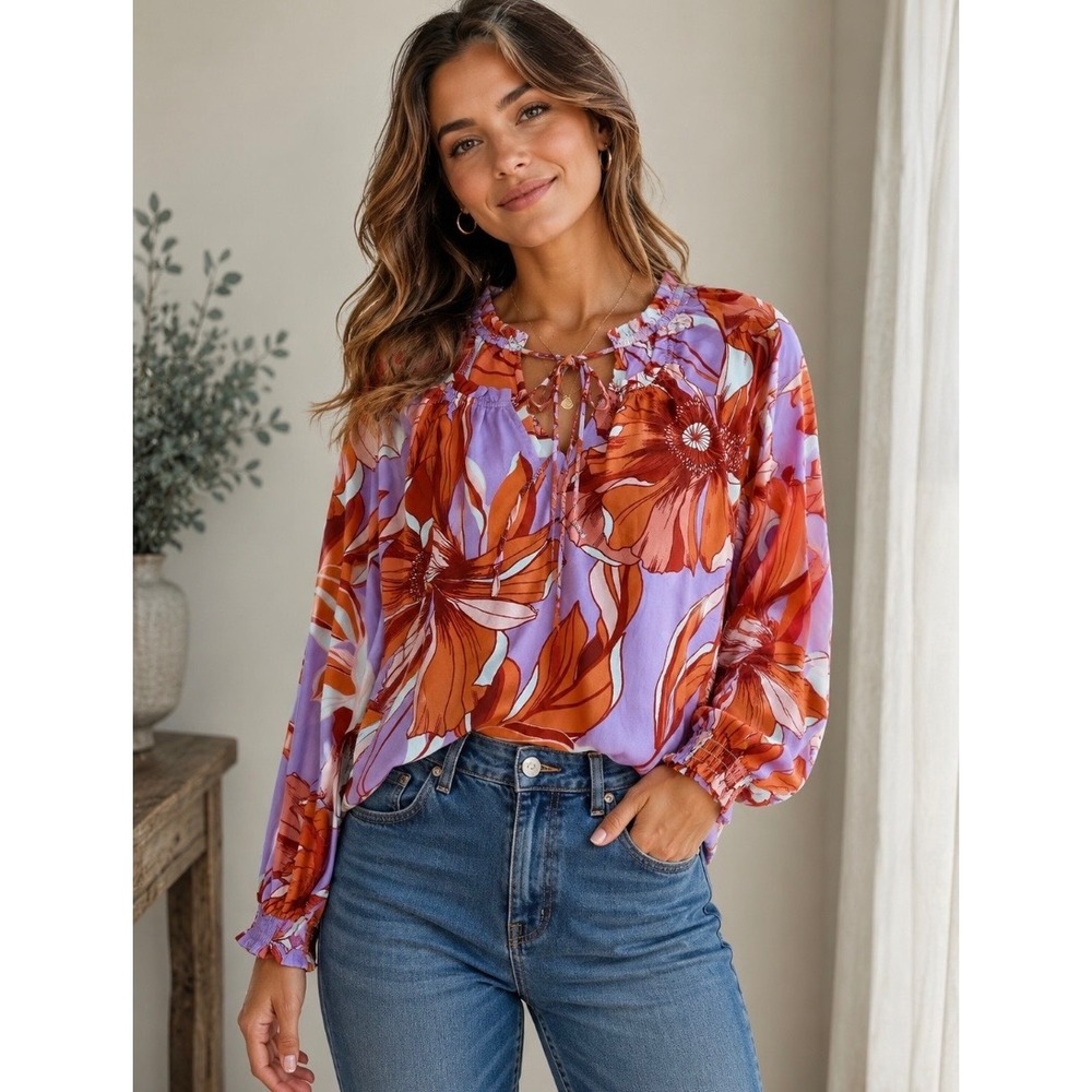 Hope & Harlow Womens Floral Peasant Blouse Orange Purple Tie Neck Smocked Cuff M